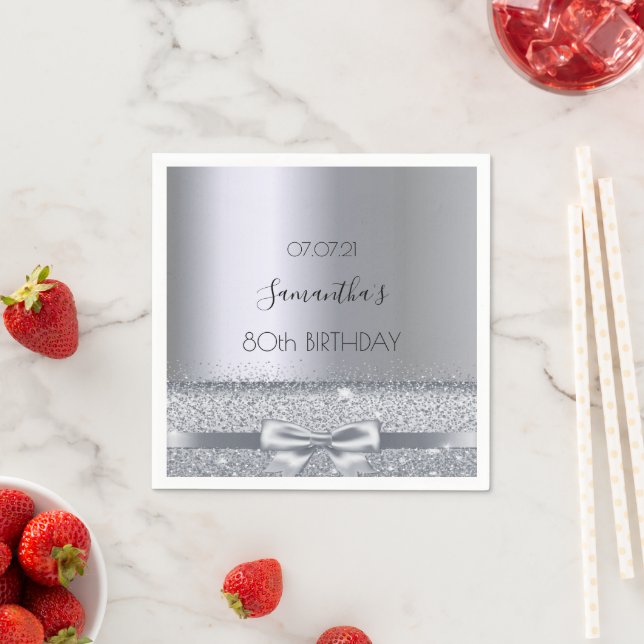 80th birthday party silver bow elegant napkins (Insitu)