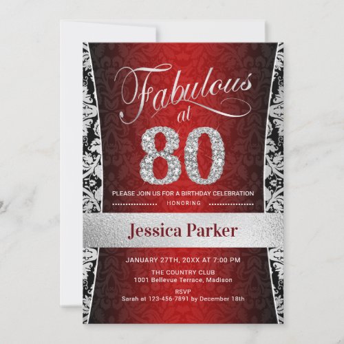 80th Birthday Party _ Silver Red Black Invitation