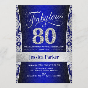 80th Birthday Party - Silver Royal Blue Invitation