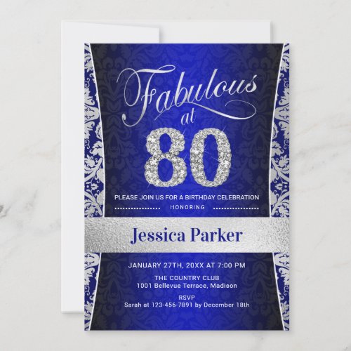 80th Birthday Party _ Silver Royal Blue Invitation