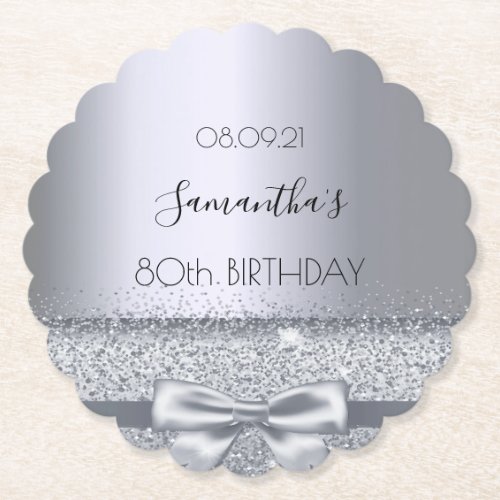 80th birthday party silver sparkle bow paper coaster