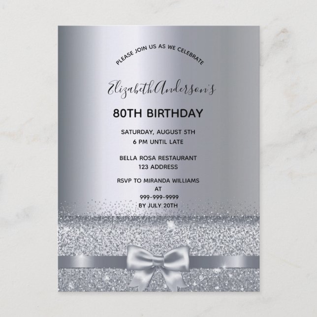 80th birthday party silver sparkle invitation postcard (Front)