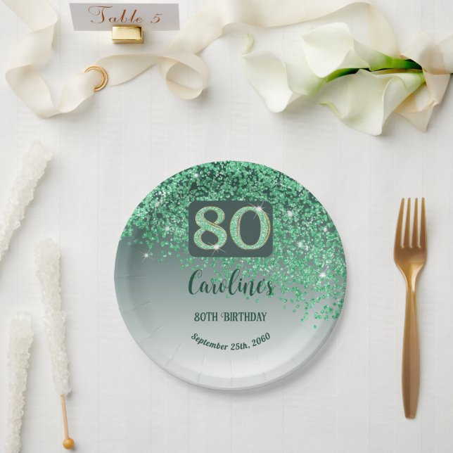 80th Birthday Party Sparkle Green Glitter Paper Plates (Wedding)
