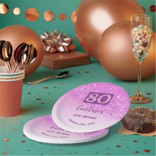 80th Birthday Party Sparkle Pink Glitter Paper Plates
