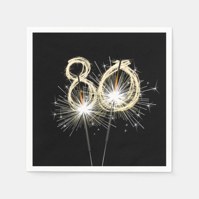 80th Birthday Party Sparklers on Black  Napkins (Front)