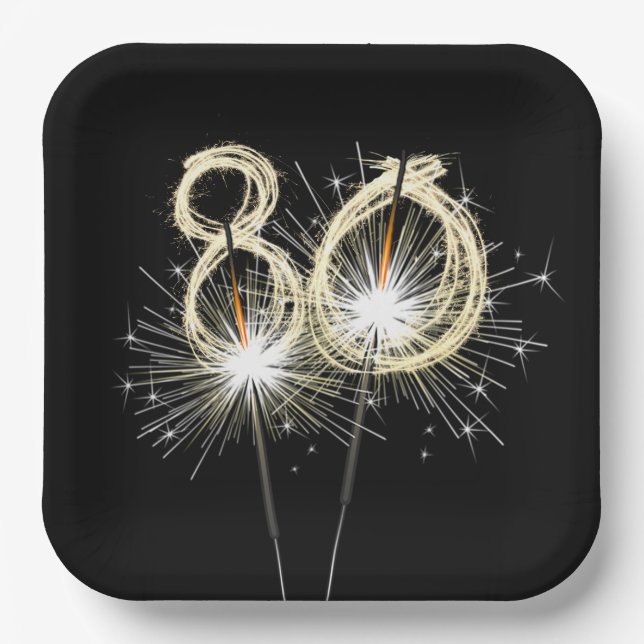 80th Birthday Party Sparklers on Black Paper Plates (Front)