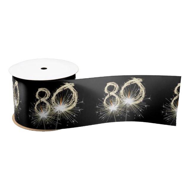 80th Birthday Party Sparklers on Black   Satin Ribbon (Spool)