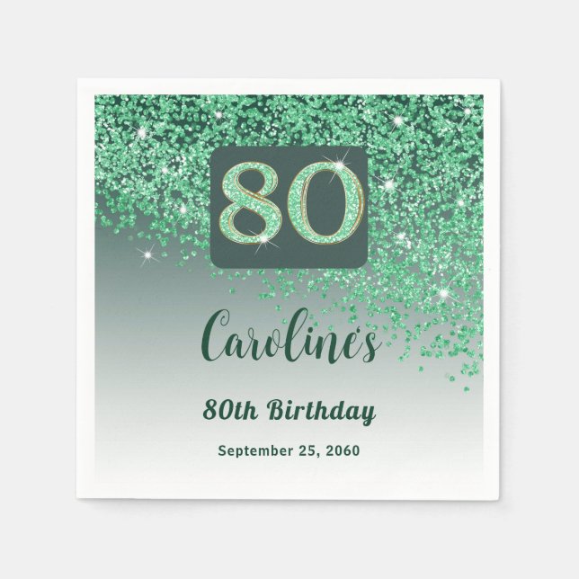 80th Birthday Party Sparkling Green Glitter Napkins (Front)