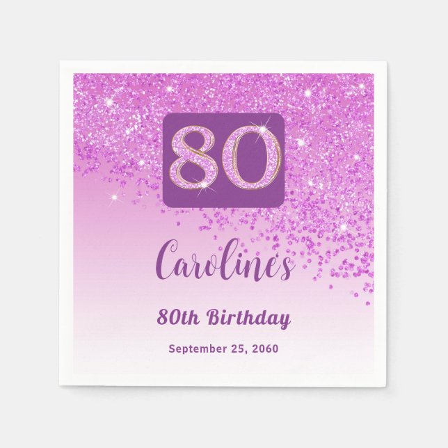 80th Birthday Party Sparkling Pink Glitter Napkins (Front)
