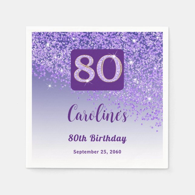 80th Birthday Party Sparkling Purple Glitter Napkins (Front)