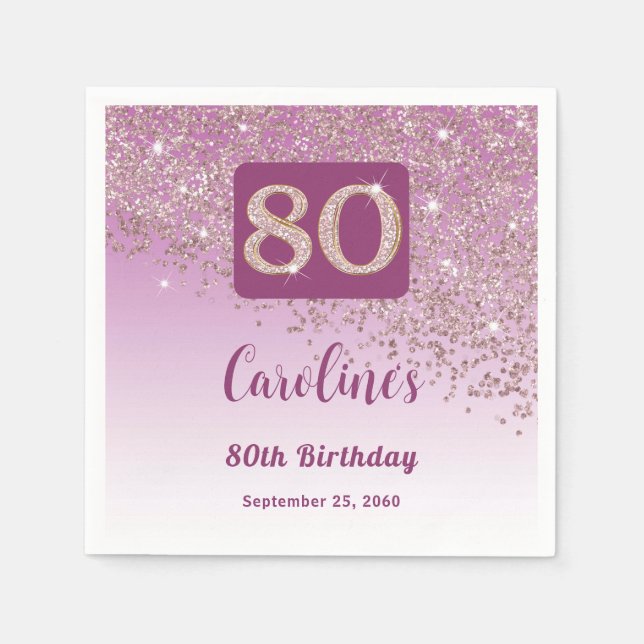 80th Birthday Party Sparkling Rose Gold Glitter Napkins (Front)