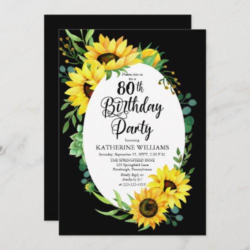 80th Birthday Party Sunflower  Eucalyptus Floral Invitation