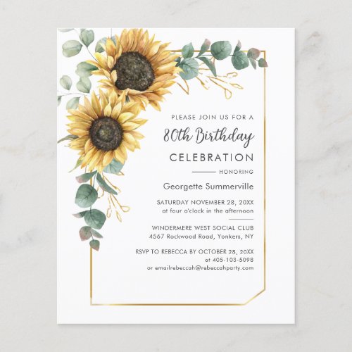 80th Birthday Party Sunflower Eucalyptus Invite