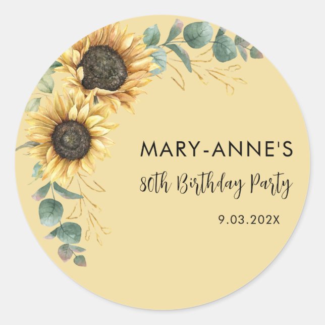 80th Birthday Party Sunflower Floral Classic Round Sticker (Front)