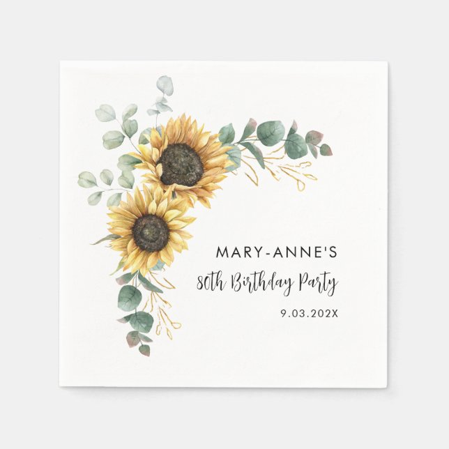80th Birthday Party Sunflower Floral Paper Napkins (Front)