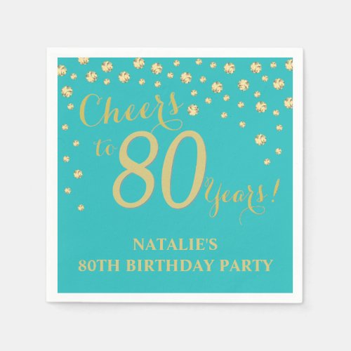 80th Birthday Party Teal and Gold Diamond Napkins