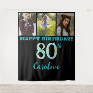 80th Birthday Party, Teal Blue Glitter & 3 photos Tapestry
