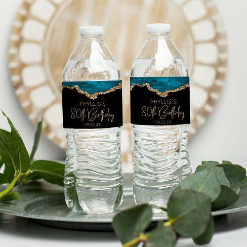 80th Birthday Party Teal Blue Gold Agate Water Bottle Label