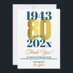 80th Birthday Party Thank You Card<br><div class="desc">A bold and striking 80th birthday partyy thank you card. This special milestone birthday card consists of birth and birthday date in blue typography - with the 80 highlighted in a gold effect font.  Add a message for a custom party gift thank you.</div>