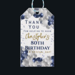 80th Birthday Party Thank You Gift Tags<br><div class="desc">A gorgeous navy blue and silver 80th birthday favor tag. This balloon themed design is the perfect party gift tag. Personalize with our own custom name and message. Gold and blue typography on a white background.</div>