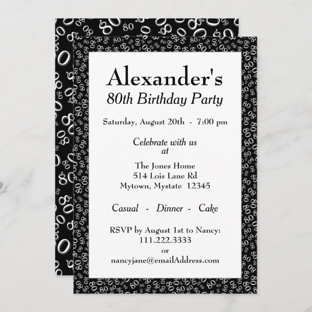 80th Birthday Party Theme Black and White Pattern Invitation (Front/Back)