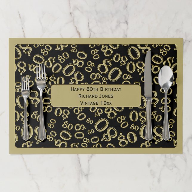 80th Birthday Party Theme Gold/Black Pattern Paper Placemat (In Situ)