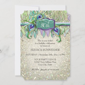 80th Birthday Party Ticket Peacock Feather Invitation by PatternsModerne at Zazzle