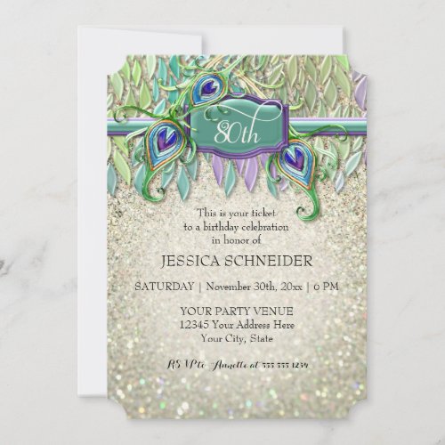 80th Birthday Party Ticket Peacock Feather Invitation