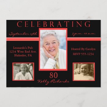 80th Birthday Party Tri Photo Invitations Red & Bl by NightSweatsDiva at Zazzle