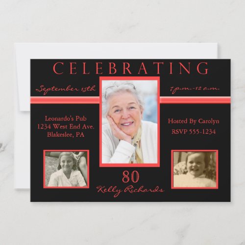 80th Birthday Party Tri Photo Invitations Red &amp; Bl