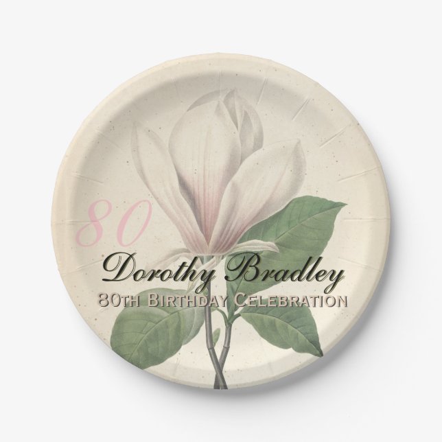 80th Birthday Party Vintage Magnolia Paper Plates (Front)