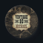 80th Birthday Party Vintage Theme Custom Name Paper Plates<br><div class="desc">Vintage themed 80th Year birthday party paper plates for men in beige and black with a world map Perfect for that special guy in your life turning eighty. Designed by artist ©Susan Coffey.</div>