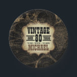 80th Birthday Party Vintage Theme Custom Name Paper Plates<br><div class="desc">Vintage themed 80th Year birthday party paper plates for men in beige and black with a world map Perfect for that special guy in your life turning eighty. Designed by artist ©Susan Coffey.</div>