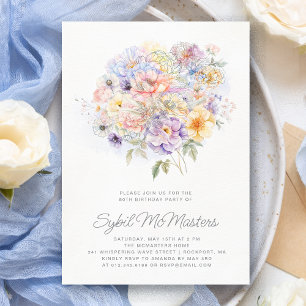 80th Birthday Party Watercolor Floral Bouquet Invitation