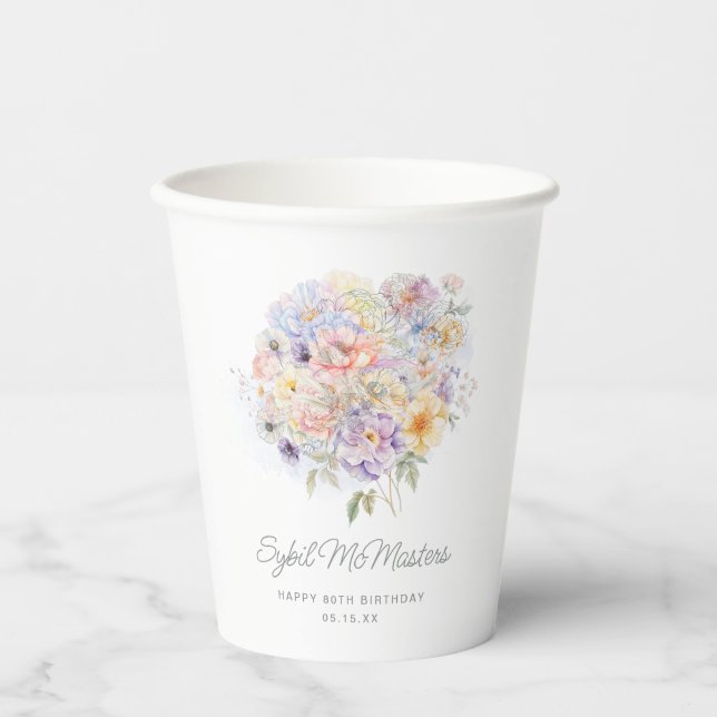 80th Birthday Party Watercolor Floral Custom Paper Cups (Front)