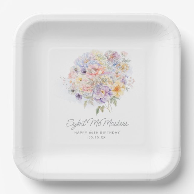 80th Birthday Party Watercolor Floral Custom Paper Plates (Front)