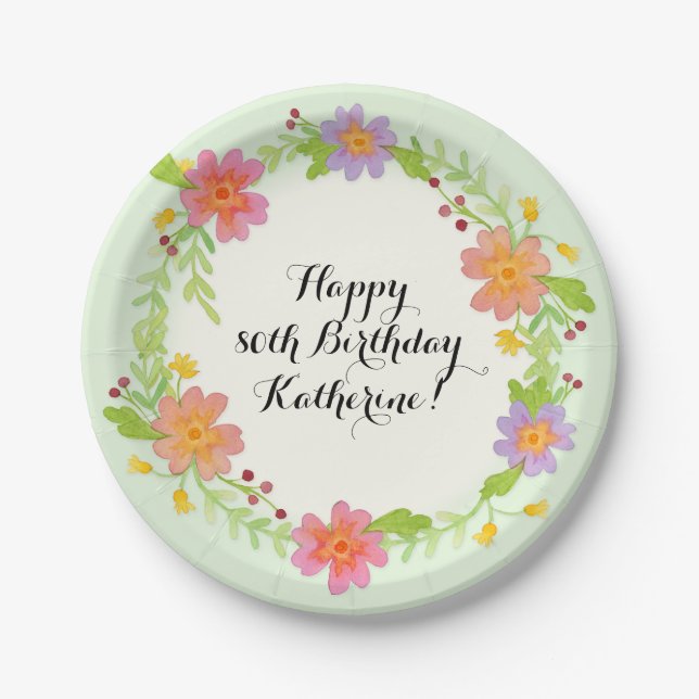 80th Birthday Party Watercolor Modern Floral Paper Plates (Front)