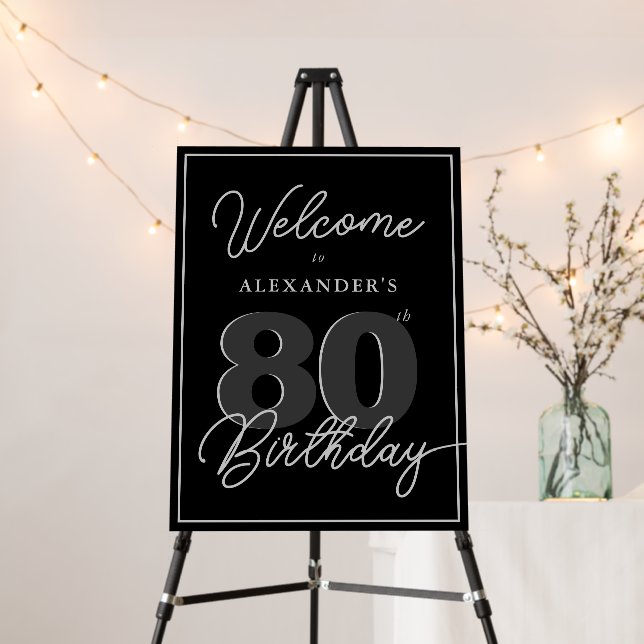 80th Birthday Party Welcome Sign Black Minimal (In Situ (Stand))