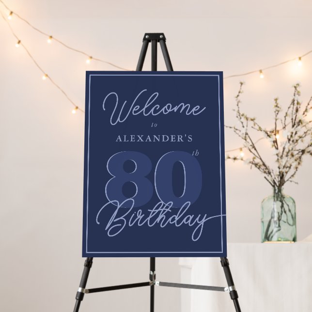 80th Birthday Party Welcome Sign Minimal Navy (In Situ (Stand))