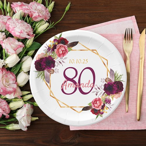 80th birthday party white gold geo floral burgundy paper plates
