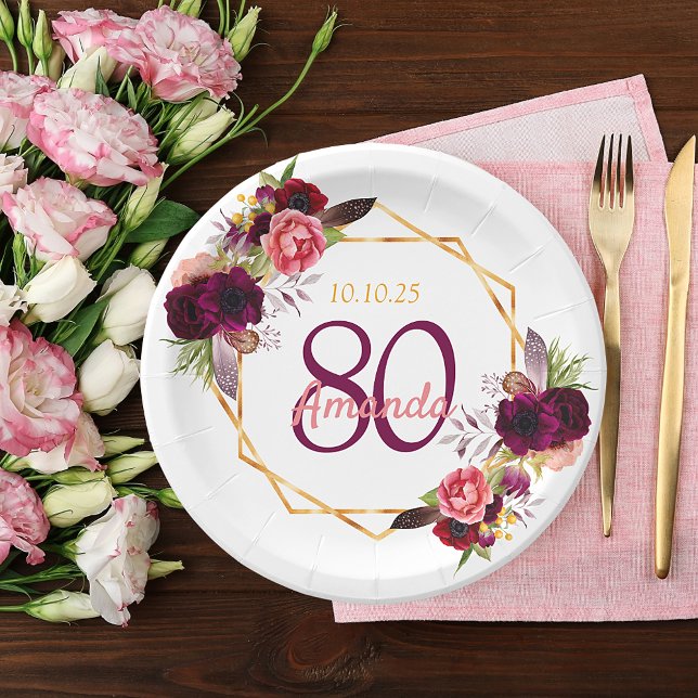 80th birthday party white gold geo floral burgundy paper plates (Creator Uploaded)