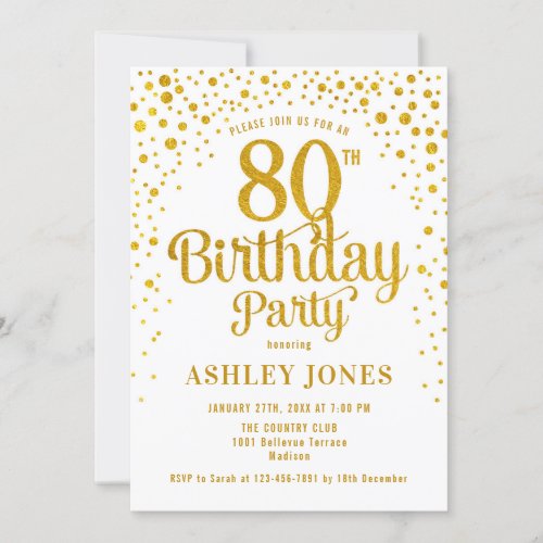 80th Birthday Party _ White  Gold Invitation