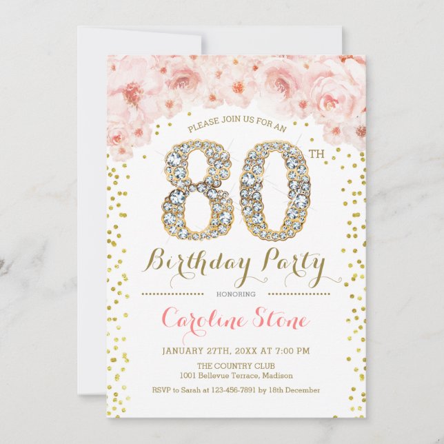 80th Birthday Party - White Gold Pink Invitation (Front)