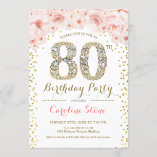 80th Birthday Party - White Gold Pink Invitation