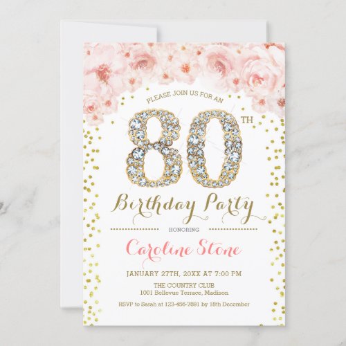 80th Birthday Party _ White Gold Pink Invitation