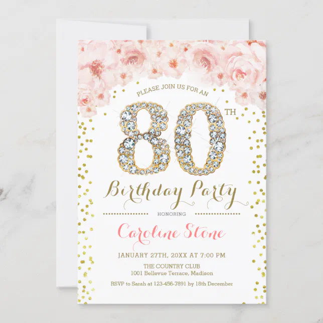 80th Birthday Party - White Gold Pink Invitation | Zazzle