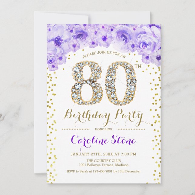 80th Birthday Party - White Gold Purple Invitation (Front)