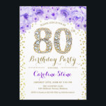 80th Birthday Party - White Gold Purple Invitation<br><div class="desc">80th Birthday Party Invitation
Elegant design in faux glitter gold,  purple and white. Stylish floral invitation with diamonds and roses. Perfect for a glam celebration. Please message me if you need further customization.</div>