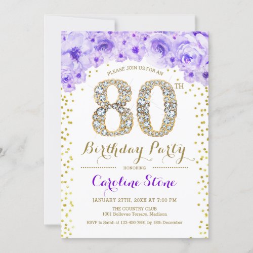 80th Birthday Party _ White Gold Purple Invitation