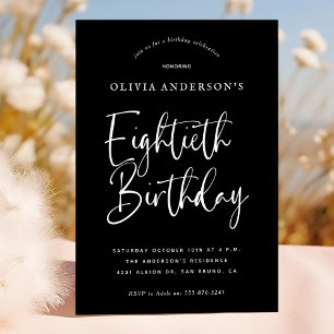 80th Birthday Party White on Black Typography Invitation